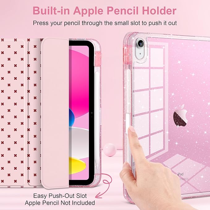 DONGKE for iPad Pro 11 inch Case – Fits M5 2025 / M4 2024, Shockproof Sparkling Glitter Acrylic Back, Pencil Holder, Trifold Stand, Auto Sleep/Wake & Touch ID Support - Pink Cross Dot
