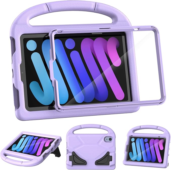 Kids Case for iPad mini 7 (A17 Pro) 2024/ Mini 6 2021, iPad mini 7th/6th Generation Case with Screen Protector - Shockproof with Handle Stand Protective Cover for iPad 8.3 Inch, Lavender