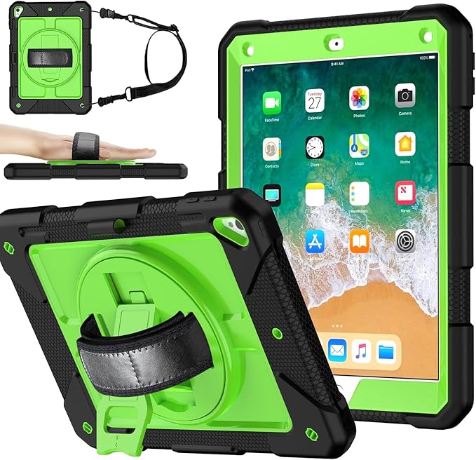MENZO Shockproof Case for iPad 5th Gen/6th Gen/Air 2/Pro 9.7-inch with 360° Swivel Stand, Pencil Holder, Detachable Hand and Shoulder Strap, Black+Green