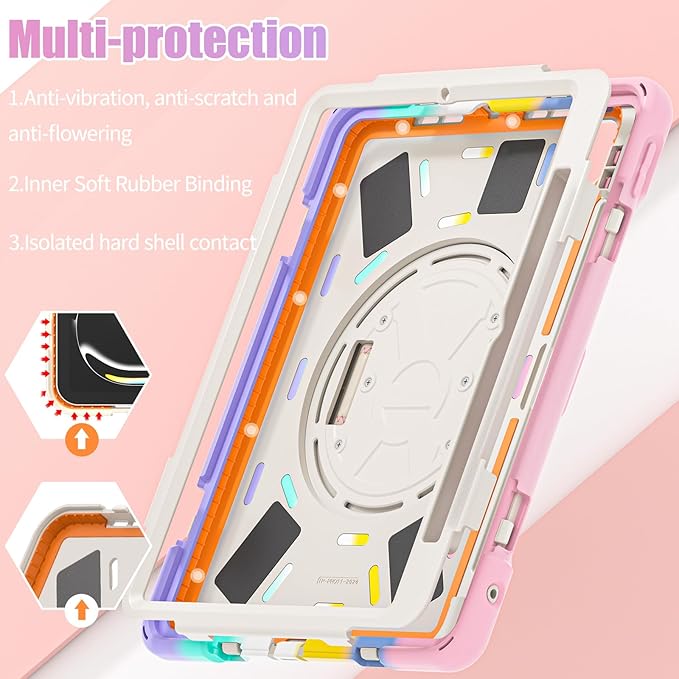 Batianda Case for New iPad Pro 11-inch 2025 M5 2024 M4 Chip Heavy Duty Rugged Durability Silicone Tablet Cover with 360° Rotating Hand Strap Foldable Hidden Stand & Shoulder Strap, Colorful Pink