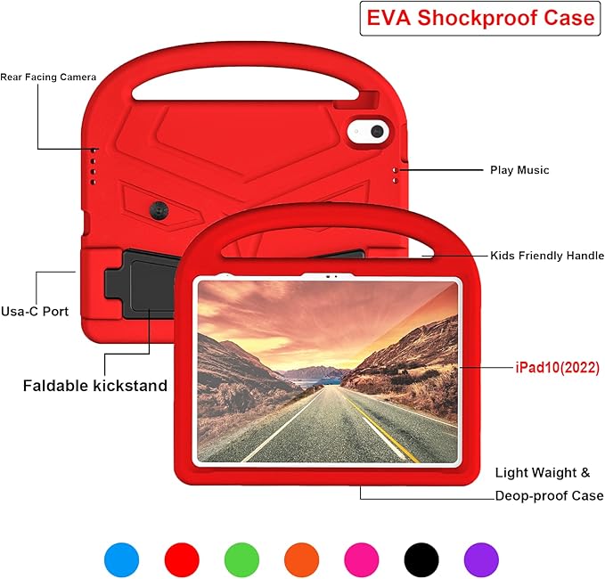 Dteck for iPad 10th Generation Case Kids 10.9 Inch 2022, Durable Lightweight Shockproof Protective Handle Stand EVA Foam Boys Girls Kids Proof Case for iPad 10th Generation 10.9 Inch 2022,Red