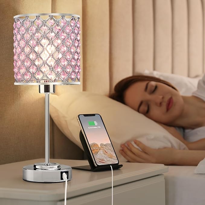 GyroVu Crystal Table Lamp, Bedside Crystal Lamp, Dimmable Touch Nightstand Lamp with USB-C+A Charging Ports Pink Night Lights Decorative Accent Lamp for Bedroom, Living Room, Office, Girls Room