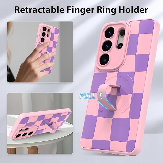 KANGHAR Compatible with Samsung Galaxy S26 Ultra Case, Support for MagSafe, Silicone Checkered Cute Pattern, Wristband Kickstand Camera Protection Soft Slim Cover for Girls Women -Pink