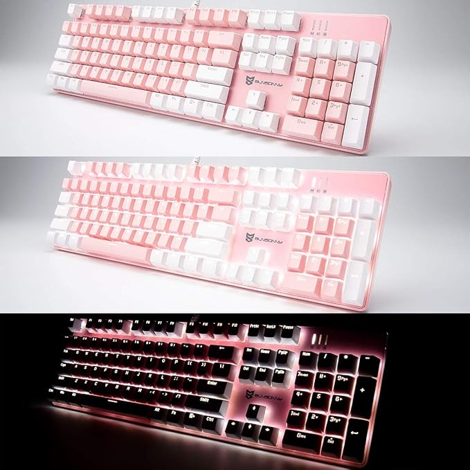 Merdia 104 Keys Full Size Mechanical Keyboard | Blue Switch, Pink & White Color 104 Keys US Layout Led Backlit Hot Swappable Wired Mechanical Light Up Pink Keyboard | Wired Gaming Computer Keyboards