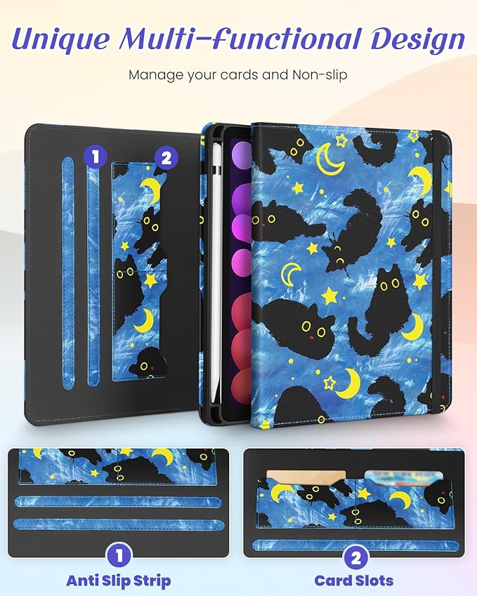 Kidcube for iPad mini 7 Case A17 Pro 2024, for iPad mini 6th Generation Case 8.3 Inch - Women Girls Cute Rotating Stand Folio Cover with Pencil Holder & Card Slot Girly Cat Stars Blue Teen Cover