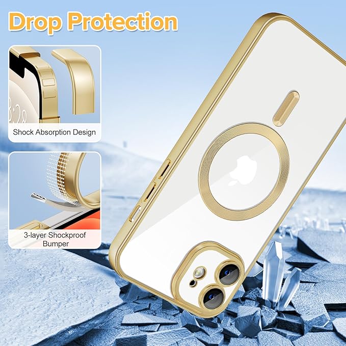 Hython Magnetic Clear for iPhone 12 Case with Camera Lens Protector [Compatible with MagSafe] Luxury Plating Edge Slim Soft TPU Cover Protective Phone Case for iPhone 12 6.1", Matte Gold