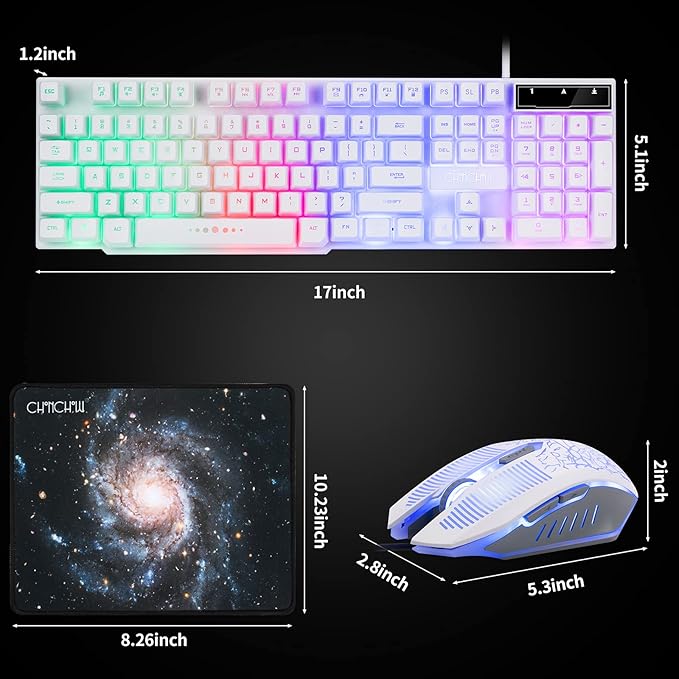 Gaming Keyboard and Mouse Wired CHOCNHOW White Keyboard Rainbow Backlit,Light Up Keys, Multimedia Keys, Waterproof Compatible with PC Laptop Xbox Ps4/Ps5 Work/Gamer