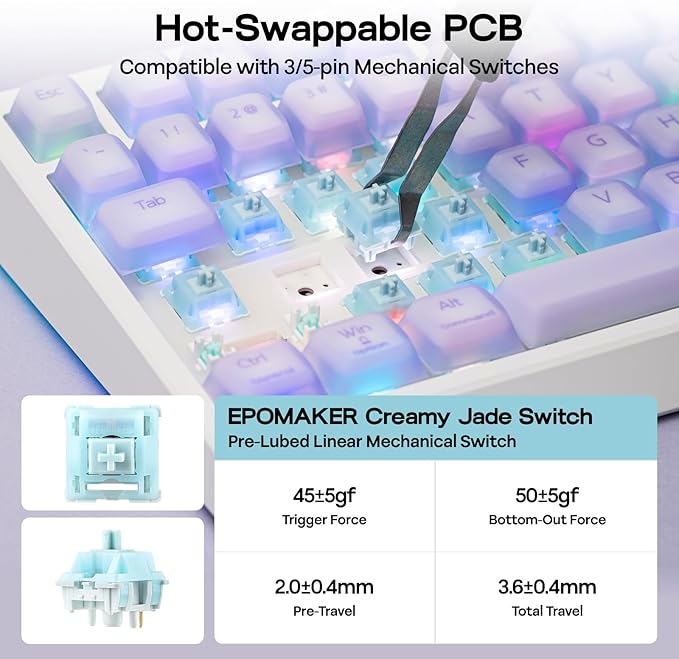 EPOMAKER G84 PRO Wireless Gaming Keyboard with Screen&Knob, 75% Creamy Mechanical Keyboard, 8000mAh, Hot Swappable, Silicone Keycaps, BT5.0/2.4G/USB-C Mode, NKRO, RGB (Purple, Creamy Jade Switch)