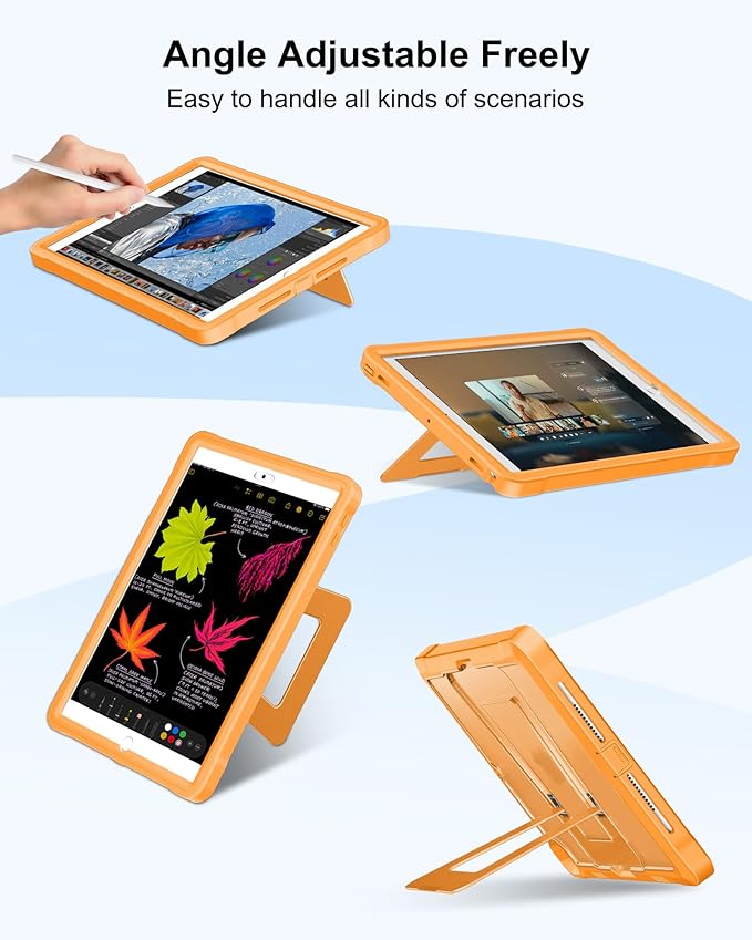 DTTO Case for iPad 6th/5th Generation 9.7 Inch 2018/2017, Adjust Kickstand Freely, Built-in Screen Protector, Frosted Full-Body Shockproof Protective Cover for iPad Air 2 / Pro 9.7, Orange