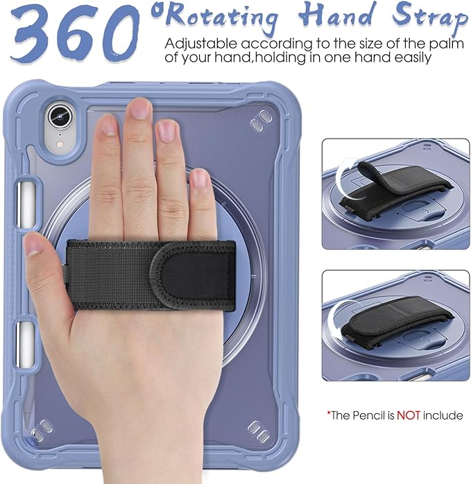 BRAECNstock Case for iPad mini 7 (A17 pro) 2024 & Mini 6 2021 8.3-inch,Shockproof Protective Cover with Pencil Holder,Screen Protector,360° Rotating Hand Strap/Stand- Lavender Grey