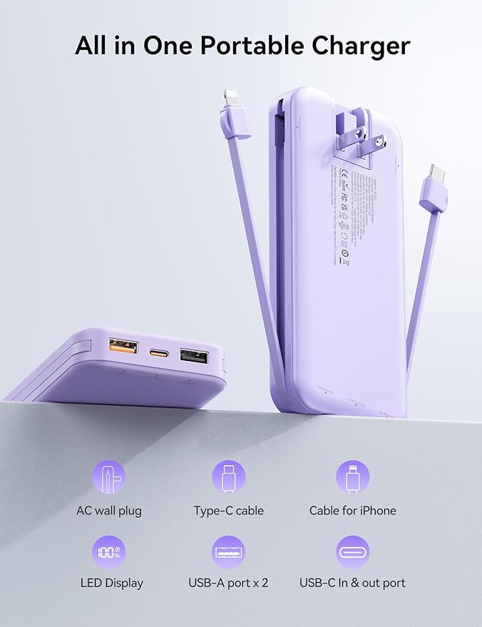 10000mAh Ultra-Portable-Charger-Power-Bank with Built in Cables&AC Wall Plug, PD20W USB-C Fast Charging Cell Phone Charger Battery Pack,LED Display Travel Battery Bank for All iPhone,Samsung,Android