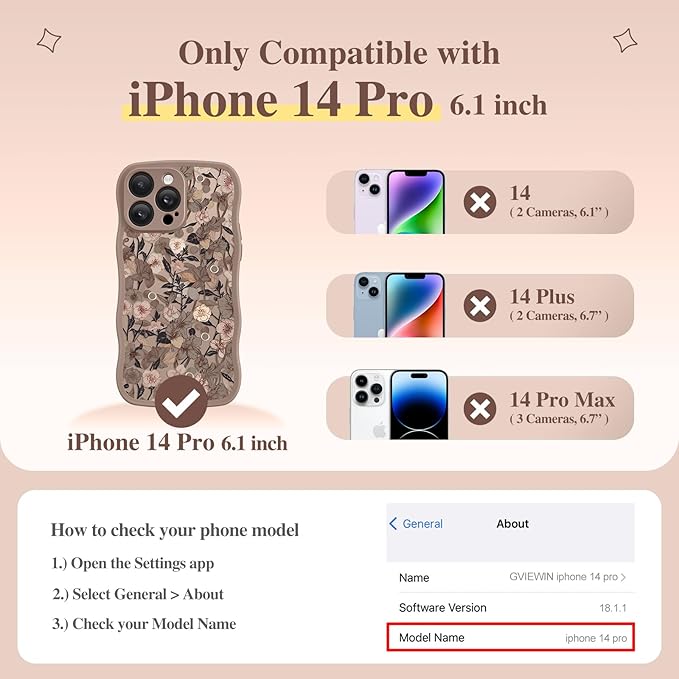 GVIEWIN for iPhone 14 Pro Case Compatible with MagSafe [Curly Wave Edge][Full Camera Protection] Floral Translucent Shockproof Magnetic Women Phone Case for 14 Pro, Apricot Blossom/Brown