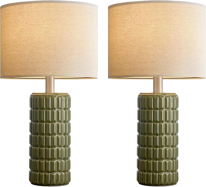 23" Modern Ceramic Table Lamps Set of 2 - Table Lamps for Living room, Farmhouse Bedside Night Stands Lamp for Bedroom, White Boho Nightstand Lamps Set of 2, Desk Lamp for End Table Home Decor(Green)