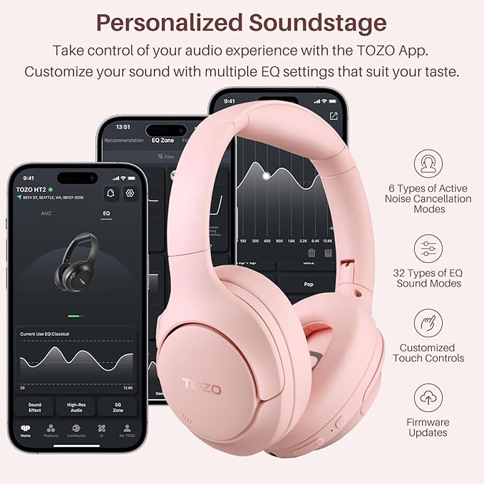 TOZO Hybrid Active Noise Cancelling Headphones, Wireless Over Ear Bluetooth Headset, 60H Playtime, Hi-Res Audio Custom EQ via App Deep Bass Comfort Fit Ear Cups, for Home Office Travel