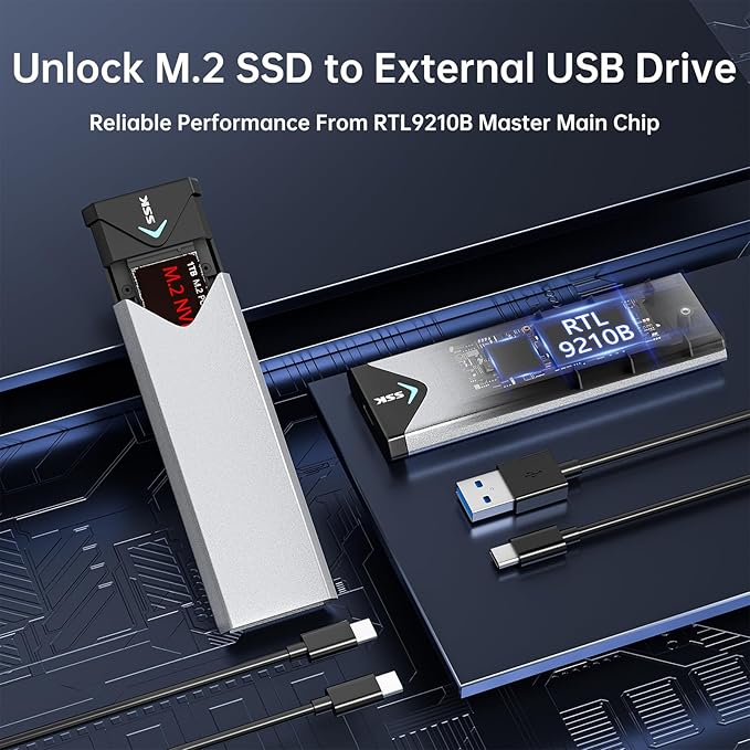 SSK M.2 NVME SATA SSD Enclosure, Improved RTL9210B Chip USB 3.2 Gen 2 10Gbps to PCI-E NGFF Adapter, M-Key/B+M Key External SSD Enclosure Aluminum Support UASP Trim 2242/2260/2280