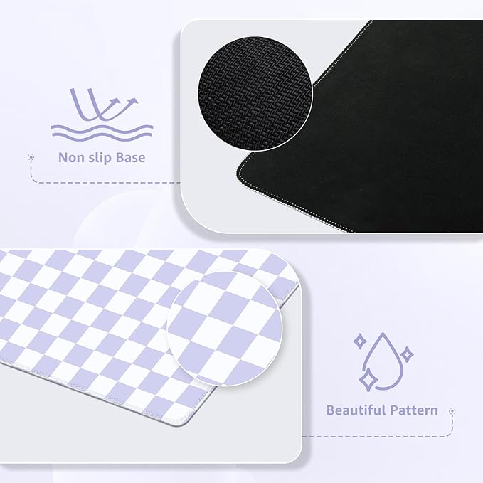 iCasso Desk Pad Mat, Desk Matt for Desktop, Cute XXL Large Mouse Pad, Anti-Slip Big Mousepad with Stitched Edges, Keyboard Pad Mouse Mat for Computer (Purple Checkered)