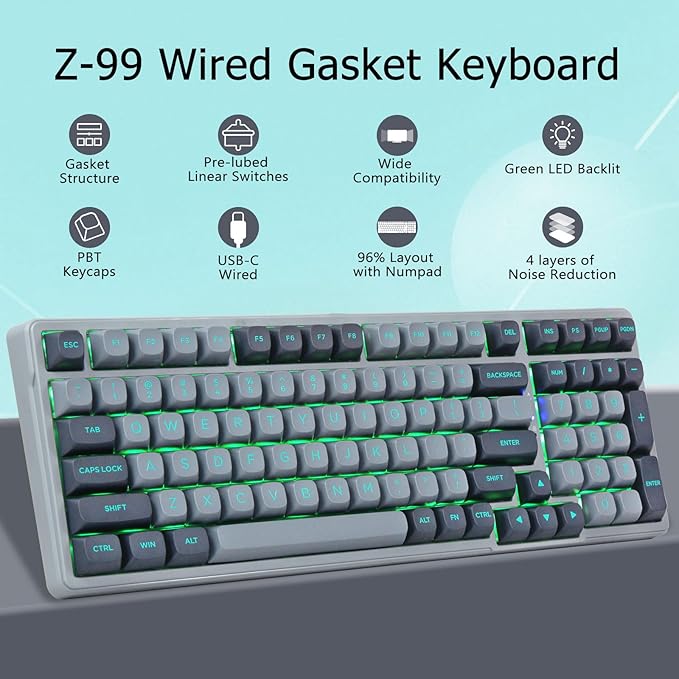 Wired Mechanical Gaming Keyboard, Creamy Sound, Pre-lubed Linear Switches, Gasket Structure with Sound Dampening Foam, Green LED Backlit RGB Side Light, 99 Keys Custom Keyboard for PC,Gray/Black