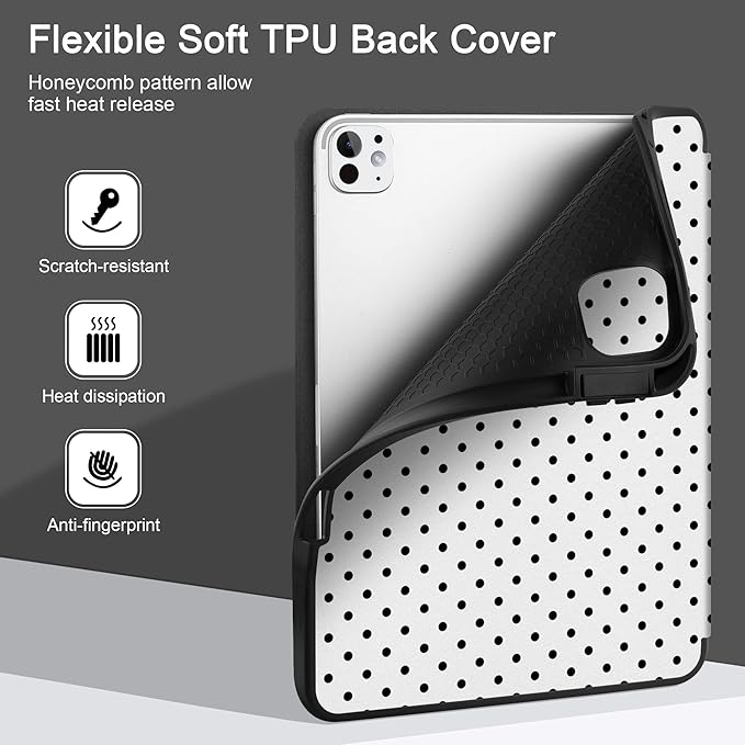 MEEgoodo Case for M5 iPad Pro 11 inch 2025/M4 iPad Pro 11 inch Case 2024, Tablet Cover with Trifold Stand & Pencil Holder & Auto Wake/Sleep & Soft TPU Back Cover, Black Polka Dot