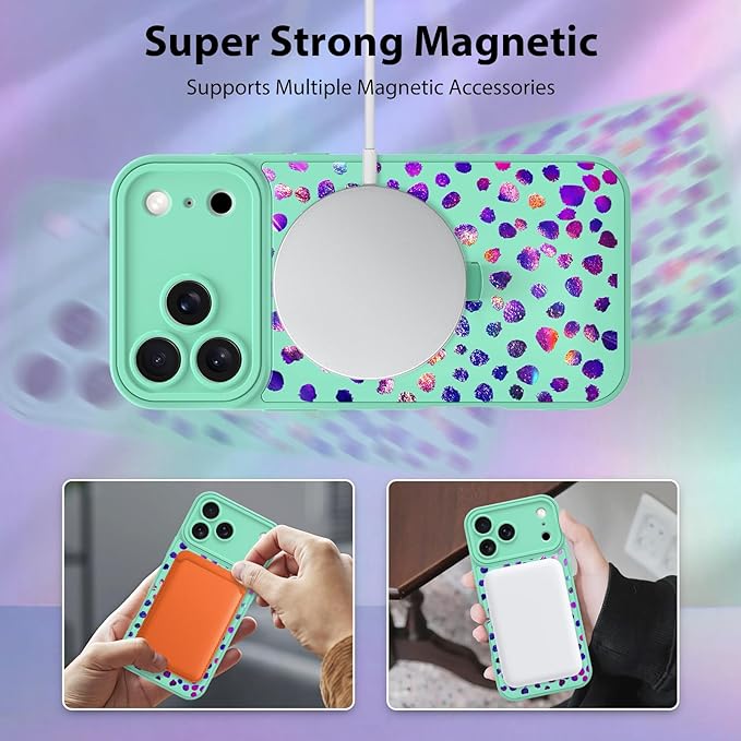 KANGHAR Compatible with iPhone 17 Pro Max Case, Support for MagSafe, Silicone Cute Iridescent Pattern Leopard Print Cheetah, Wristband Kickstand Shockproof Soft Slim Cover for Girls Women, Green