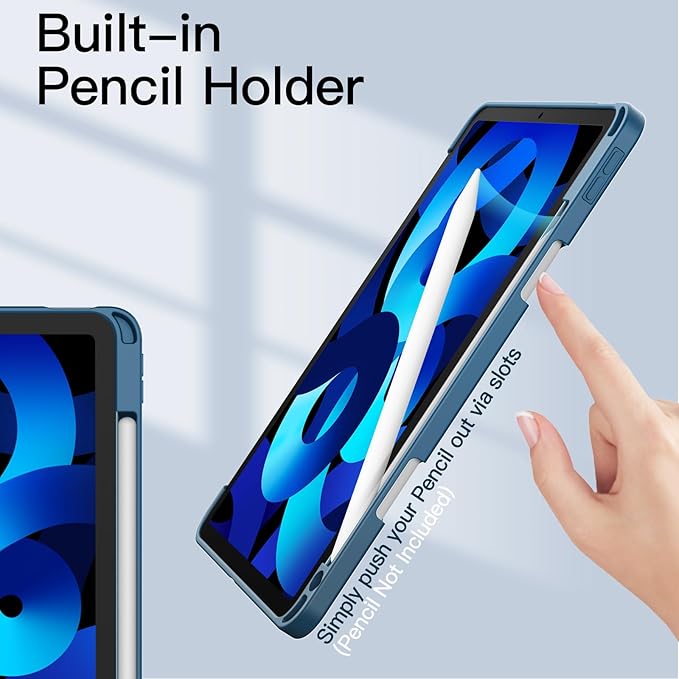 JETech Case ONLY for iPad Air 11-Inch M4/M3/M2 (2026/2025/2024), iPad Air 5/4 (2022/2020 5th/4th) with Pencil Holder, Clear Transparent Back Slim Stand Shockproof Tablet Cover (Blue)