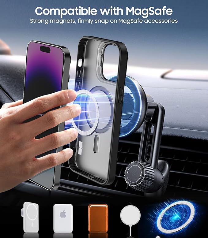 TOBOVON for iPhone 14 Pro Case, Compatible with MagSafe, Built-in Camera Ring Stand, with Individual Camera Cover, Translucent Matte Military-Grade Drop Protection Magnetic Case, Black