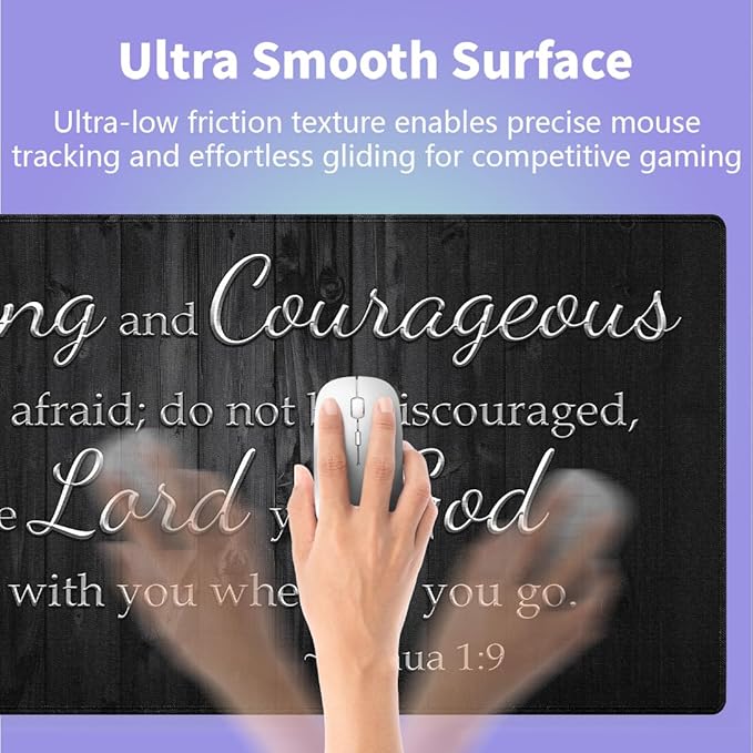 Motivational Large Gaming Mouse Pad (31.5" x 15.8")- Inspirational Bible Verse Scripture Quote Joshua 1:9 Be Strong and Courageous Rustic Black Wood, Stitched Anti-Slip Desk Mat