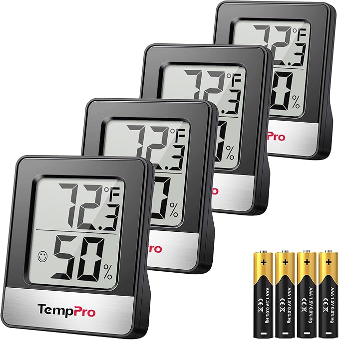 TempPro TP49 4 Pieces Digital Hygrometer Indoor Thermometer Humidity Meter Mini Hygrometer Thermometer with Temperature and Humidity Monitor Room Thermometer, Black (Previously ThermoPro)