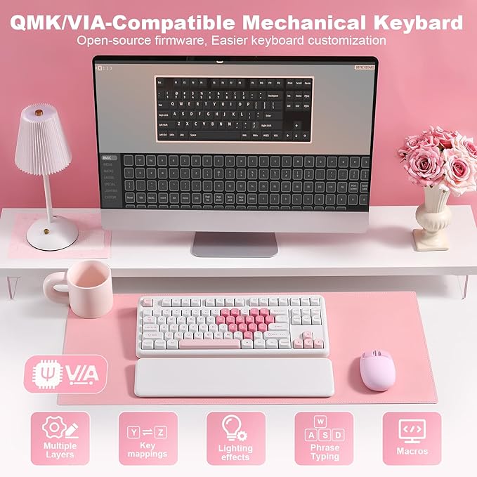 YUNZII B87 Wireless Mechanical Keyboard,QMK/VIA Programmable,TKL Layout 87 Keys,BT/2.4G/USB-C,Hot Swap Gasket Mount RGB Backlit Gaming with Wrist Rest for Win/Mac (White Heart, Cocoa Cream V2)