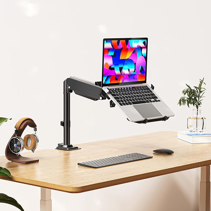 WALI Laptop Desk Mount for 15.6 inch Notebook, Fully Adjustable Single Monitor Arm with Laptop Holder for 32 inch Screen, Laptops Stand with Ventilated Tray, Up to 22 Lbs, (GSDM00LP), Black