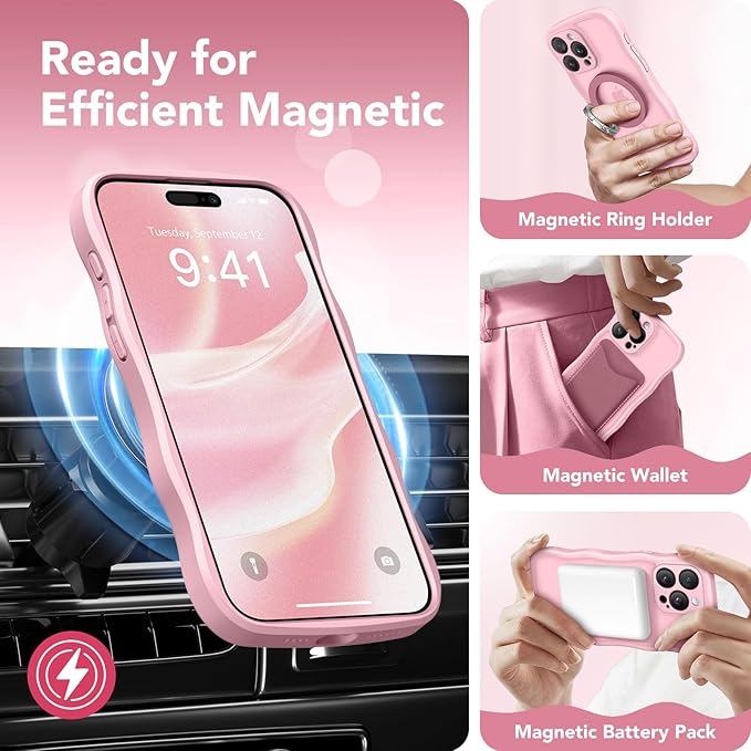CAPRARO Cute for iPhone 14 Pro Case, Compatible with MagSafe, [Curly Wave Edge] [Full Camera Protection] [14 FT Drop Protection] Magnetic Phone Case for 14 Pro 6.1 Inch, Peach Pink