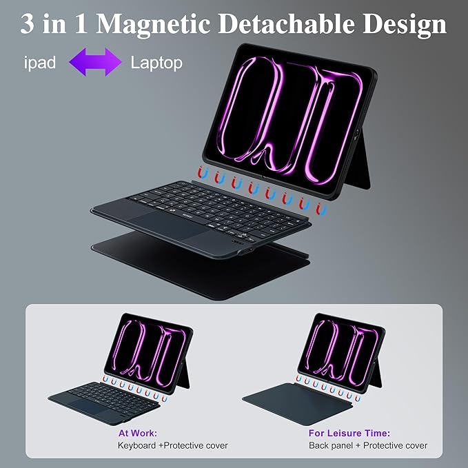 WIWU iPad Pro 13 inch Case with Keyboard M4/M5 2024/2025 Magnetic Detachable 3 in 1 Case Bluetooth Keyboard Adjustable Stand 7 Colors Backlit Keys with Trackpad (Black, iPad Pro 13"(M4/M5 2024/2025))