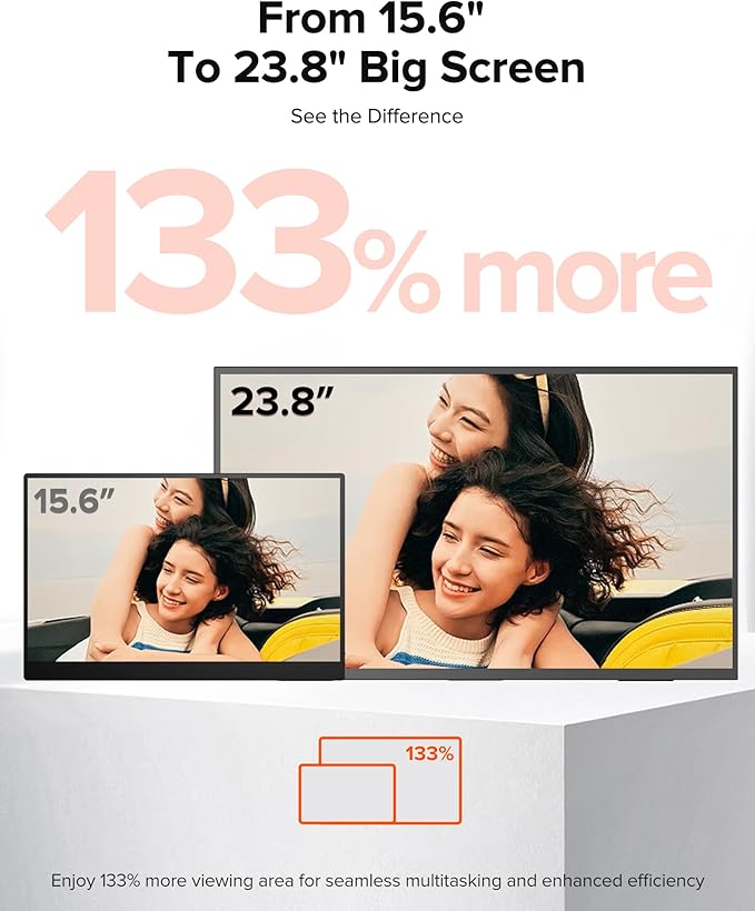 Portable Monitor 4K 23.8", 3840x2160 UHD 24" QLED Large Monitor, 400 Nits | 100% DCI-P3 | USB-C & HDMI | VESA & Stand | Second Screen for Computer, Mini PC, Game Consoles