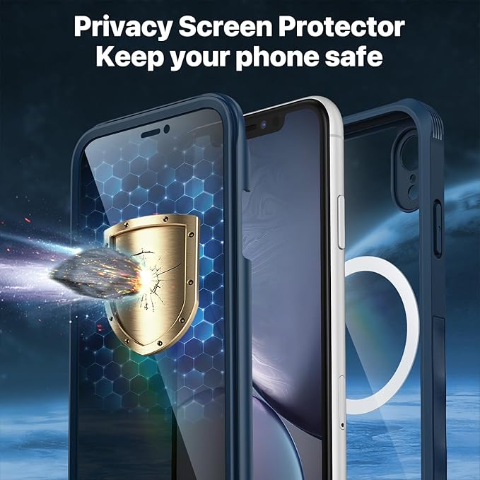 CENHUFO Privacy Magnetic for iPhone XR Case, Full Body Phone Case Built-in 9H Tempered Glass Privacy Screen Protector [Compatible with Magsafe] Shockproof Protective Bumper Clear Cover - Blue
