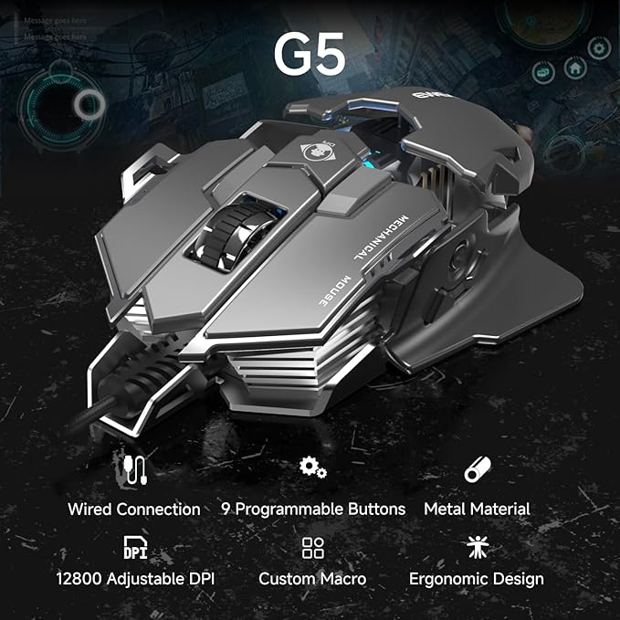 SEUNKWANG EWEADN G5 Wired Gaming Mouse, Ergonomic RGB Computer Mouse, 12800 Adjustable DPI, 9 Programmable Macro Buttons with Rapid Fire Key Compatible for PC/Laptop/Windows-Grey&White