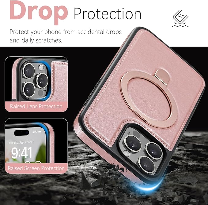 Compatible with iPhone 14 Pro Case with Stand, Compatible with MagSafe, Slim PU Leather & Durable TPU Protective Cover Drop-Proof with Tempered Glass Screen Protector 6.1", Rose Gold
