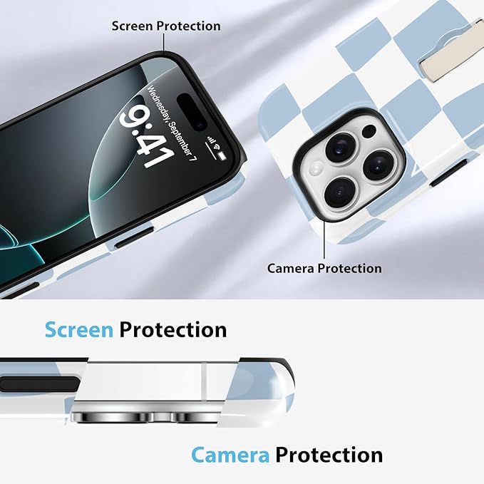 KANGHAR Compatible with iPhone 16 Pro Max Case, Support for MagSafe, Silicone Checkered Cute Pattern, Wristband Kickstand Camera Protection Soft Slim Phone Case for Girls Women -Light Blue