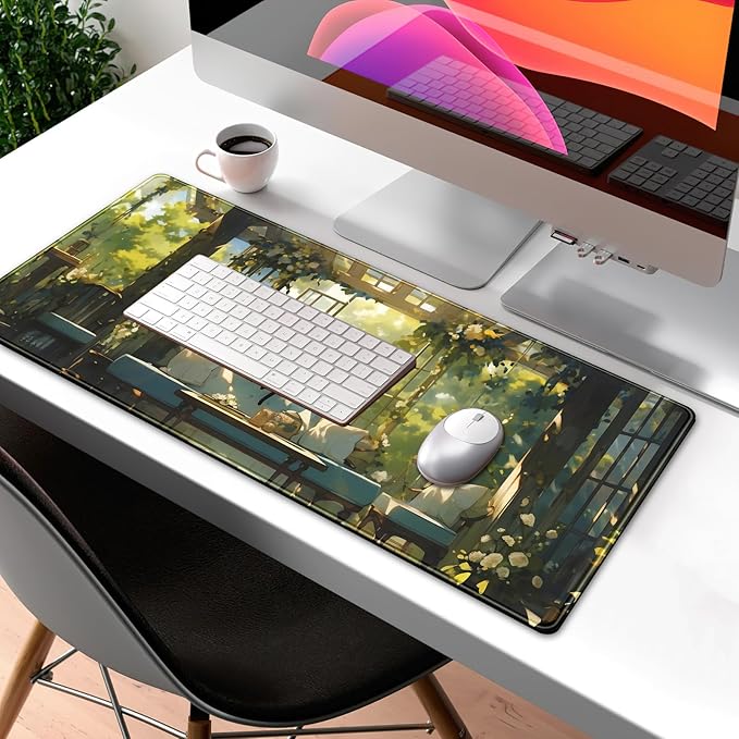 Cute Cat Desk Mat Green Plants Aesthetic Desk Pad Anime Kawaii Gaming Mouse Pad Large Mousepad Extended XL Laptop Keyboard Mouse Mat 31.5"x11.8" with Stitched Edges Non-Slip Rubber Base