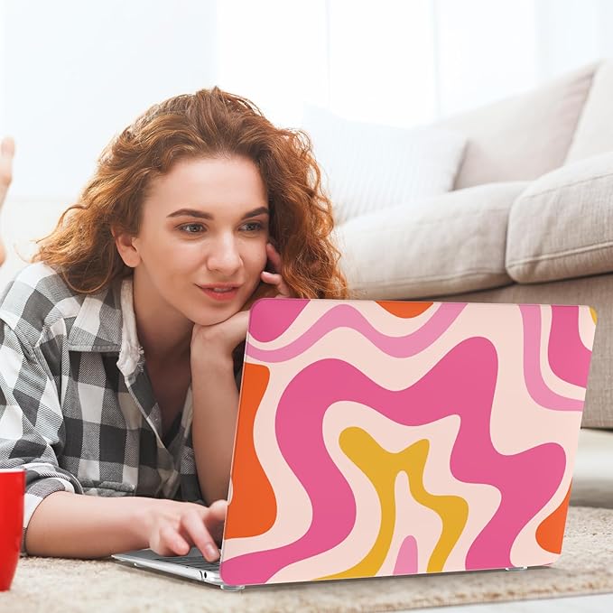iCasso Compatible with MacBook Air 13 inch Case 2021 2020-2018 Release A2337 M1 A2179 A1932 Touch ID, Plastic Hard Shell Case for Mac Air 13.3+ Keyboard Cover + Screen Protector, Pink Abstract Wave