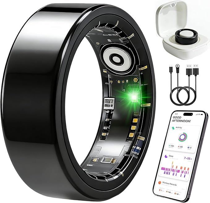 Smart Ring Fitness Tracker for Women and Men, Heart Rate Monitor, Sleep and Stress Monitoring, Menstrual Cycle Tracking, Step Counter, IP68 Waterproof, No Subscription, Compatible with iOS and Android