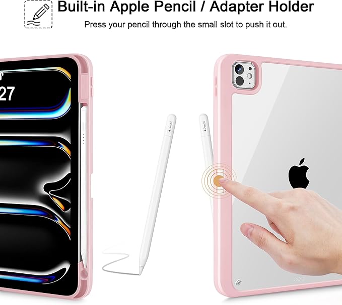 May Chen Case for iPad Pro 11-Inch M5/M4 2025/2024 (6th/5th Generation), [Penceil Holder] Trifold Stand Auto Wake/Sleep Clear TPU Protection Back Cover, Pink Stripes