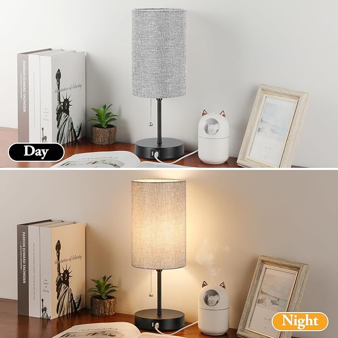 Lakumu Modern Table Lamps Set of 2, Grey Fabric Shade and Black Metal Base for Living Room Bedroom Office Reading Dorm Hotel