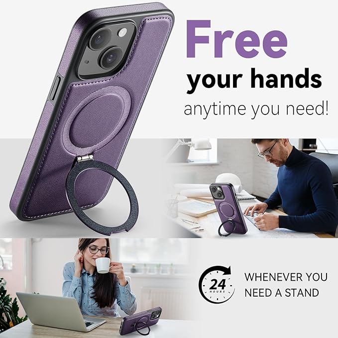 for iPhone 14 Case with Stand Compatible with Magsafe Slim PU Leather & Durable TPU Drop Proof Magnetic Kickstand Protective Phone Cover with Tempered Glass Screen Protector 6.1", Purple