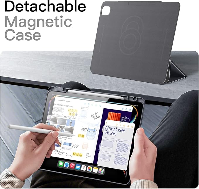 JETech Magnetic Detachable Case for iPad Pro 13-Inch M5/M4 (2025/2024) with Pencil Holder, Removable Rotating Clear Cover, Portrait/Landscape Stand with Raised Screen View (Grey)