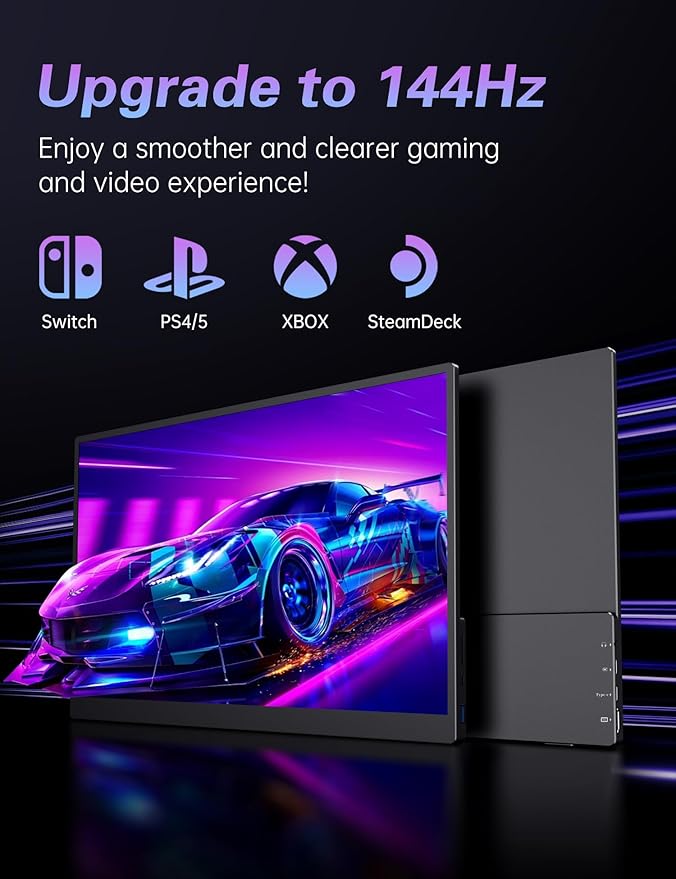 CAPERAVE Portable Monitor 17.3" 144Hz, FHD 100% sRGB HDR Portable Gaming Monitor, Travel Monitor with Kickstand & Speakers, USB-C HDMI External Screen for Laptop Mac Xbox Switch PS5/4