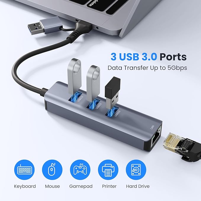 USB to Ethernet Adapter, ABLEWE USB 3.0/USB C to RJ45 Network Internet 2.5Gbps, Compatible with MacBook/Pro/Air, iPhone 15/16 Pro/Max, iPad Pro, Surface Pro, Windows 11/10/8/7, MacOS, Chromebook