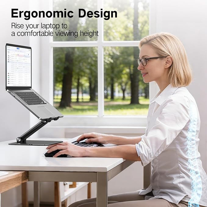 Tonmom Adjustable Laptop Stand for Desk, Metal Foldable Laptop Riser, Portable Laptop Holder, Ventilated Cooling Computer Notebook Stand Compatible with 10-17.3” Laptops