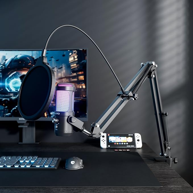 JARO USB Podcast Microphone with Boom Arm, Studio Condenser Mic with Real-Time Monitoring, Mute, Volume Control Ideal for Voice & Singing (Black)