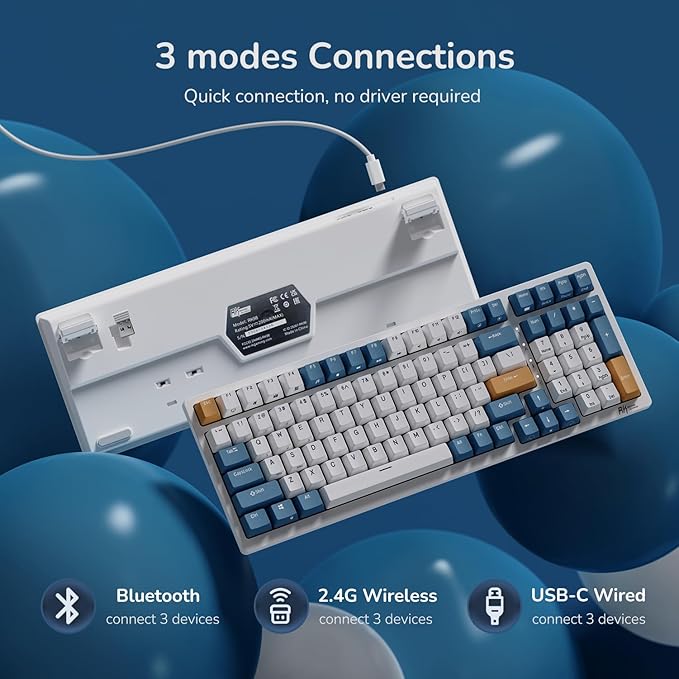 RK ROYAL KLUDGE RK98 Wireless Mechanical Keyboard, 100 Keys 98% Layout with Custom Switches Hot Swappable, Tri-Mode BT5.1/2.4G/USB-C Full Size Gaming Keyboard with Numpad RGB, Brown Switch
