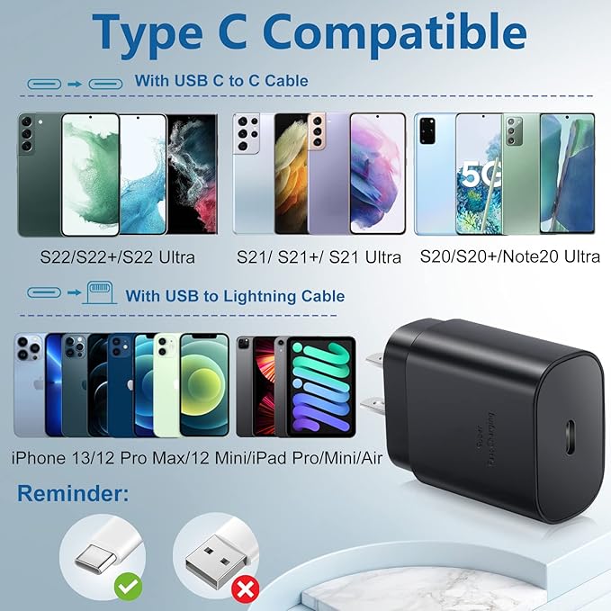 USB C Wall Charger Adapter, Costyle 3 Pack PD 25W Super Fast Charger Type C Charging Block For Samsung Galaxy S25/S24/S23/S22/S21/S20 Ultra/Plus/S20FE/S10/A13/A53/A71/Note 20 Ultra/10,Pixel 7/6A-Black