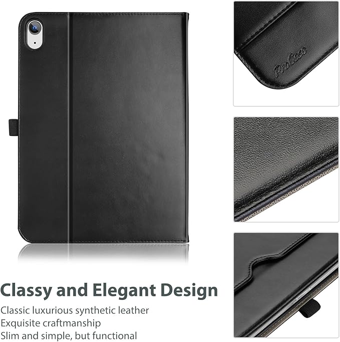 ProCase for iPad A16 11th Generation 11 Inch 2025/iPad 10th Generation Case 10.9 Inch 2022, iPad 11/10 PU Leather Case Business Stand Cover Smart Folio with Hand Strap Front Pocket Pen Loop -Black